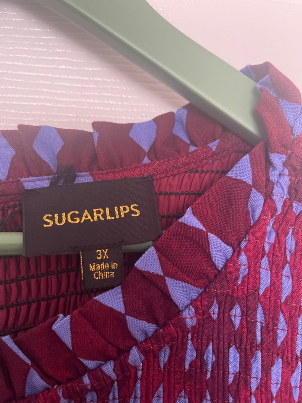 NWOT...Sugarlips Burgundy and Periwinkle Geometric Smocked Mini Dress - Picture 2 of 7